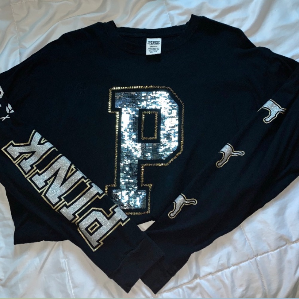 VS PINK Long Sleeve Bling Campus Tee Black L